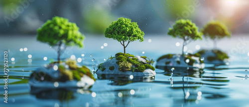 Three trees are floating on a body of water. Peaceful and serene scene