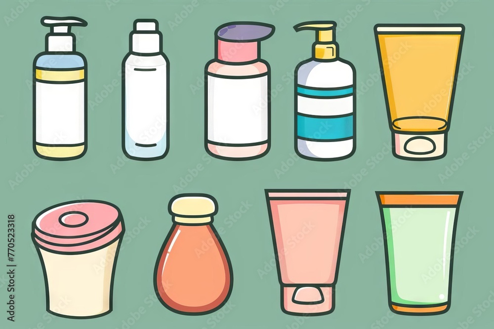Icon set featuring various skin care products for a comprehensive beauty routine, including cleansing, moisturizing, protecting, and treating specific concerns, vector illustration. Icon set featuring various skin care products for a comprehensive beauty routine, including cleansing, moisturizing, protecting, and treating specific concerns, vector illustration.