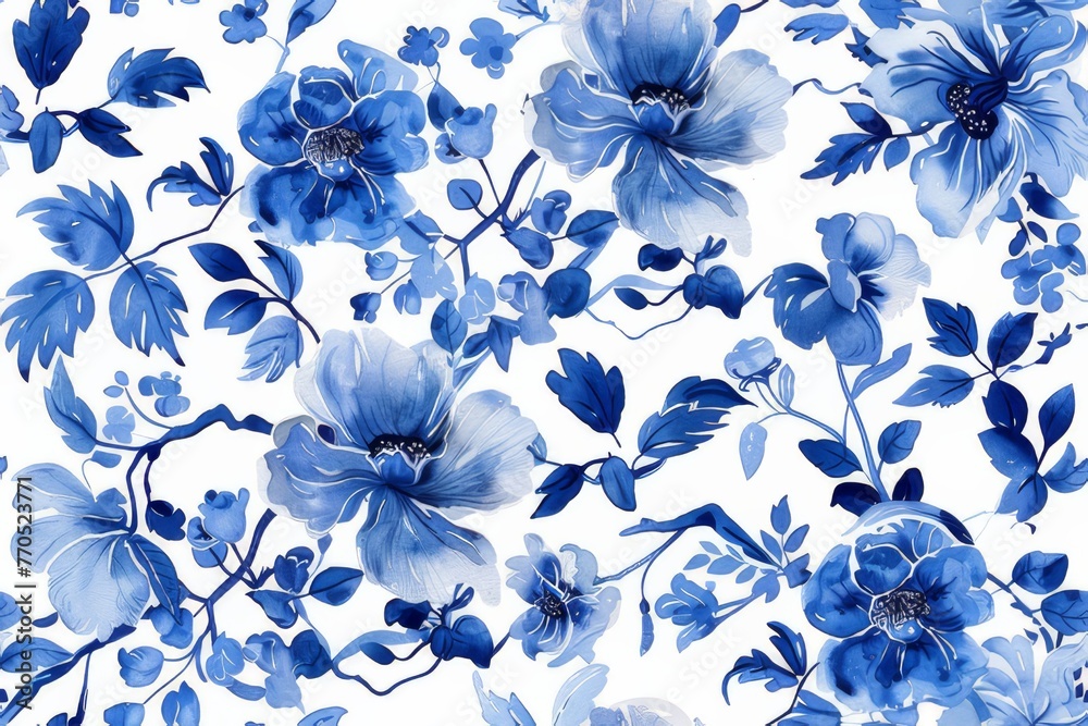 Watercolor Seamless pattern with blue and white - obrazy, fototapety, plakaty 