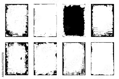  Overlay texture stamps with old, paper, grunge, grainy, vintage, worn, dust effect. Torn and crumpled pattern for poster or vinyl album cover. Vector of rough, dirty, grainy design, poster frame.