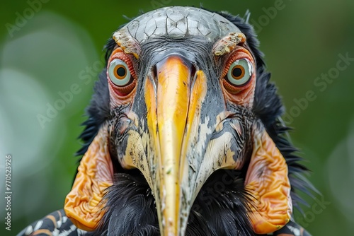 Knobbed Hornbill (Rhyticeros cassidix) Portrait, Exotic Bird Close-up, Wildlife Photography photo