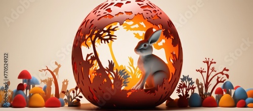 Charming Paper-Cut Craft of Bunny Fleeing Decorated Easter Egg in Neocolonial American Folk Art Style