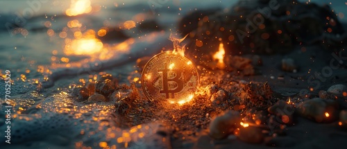 A close-up of a Bitcoin illuminated by a beach bonfire, highlighting the warmth and community of the crypto world