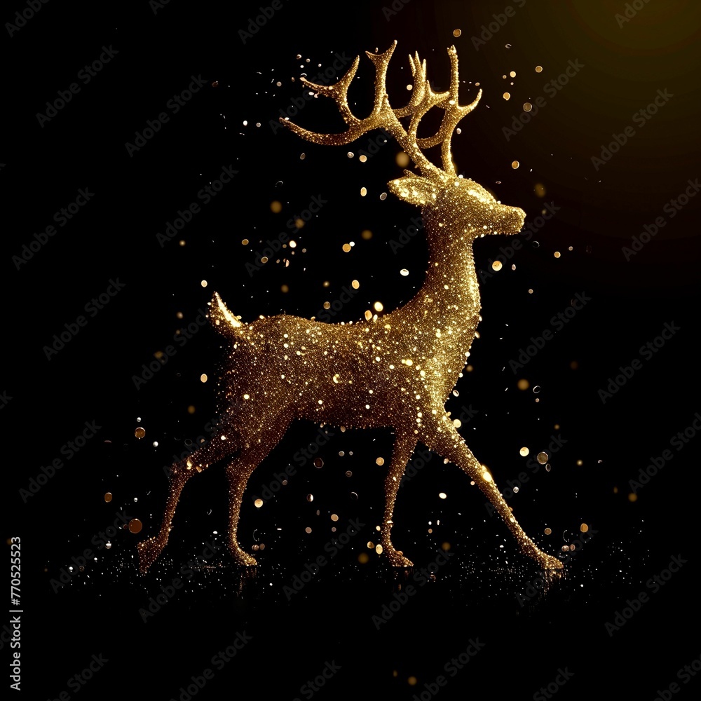 3d Christmas illustration Cozy shiny gold sequined reindeer on black background, website banner with minimalistic design, 