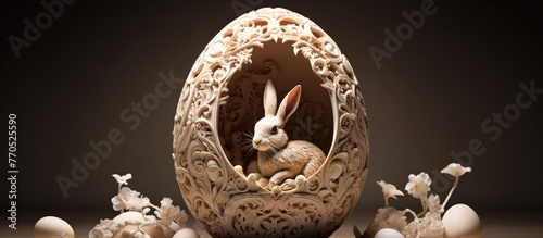 Ornately Decorated Easter Egg Revealing Newborn Rabbit with Delicate Pencil Sketch Detailing