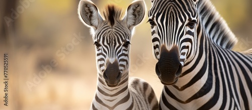 Two zebras, terrestrial animals with distinctive black and white striped fur, stand together in the wild grasslands. Their snouts and eyelashes are adapted for grazing in their natural habitat © AkuAku