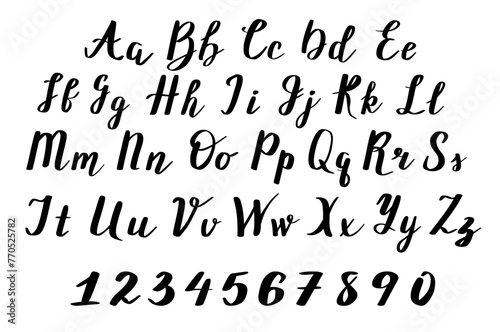 Hand drawn alphabet with capital letters. Lettering vector font. Numbers and letters.