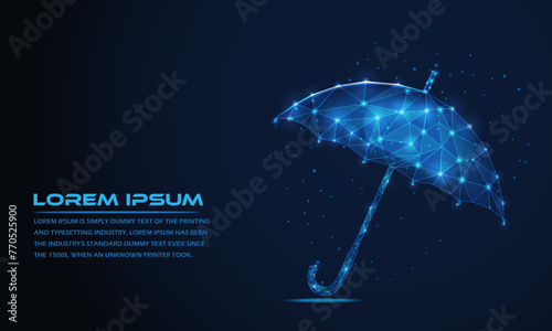 Futuristic umbrella low poly wireframe vector illustration.Polygonal Abstract Technology blue color style.The concept of insurance or security protection isolated on blue background.