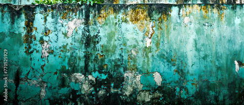 A wide view of an old wall with peeling green paint and rust sta photo