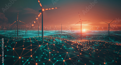 Advanced AI monitoring renewable wind turbines energy grids. Sustainability innovation concept photo