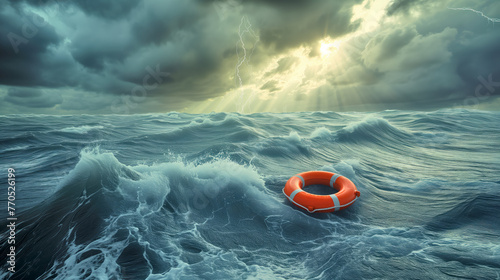 A lifebuoy in the stormy waves of a stormy sea. concept of assistance, insurance in life and business