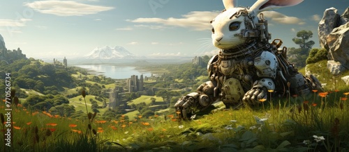 Robotic Guardian Watches Over Pastoral Watercolor Rabbit Scene in Lush 3D Rendered Landscape © Sittichok