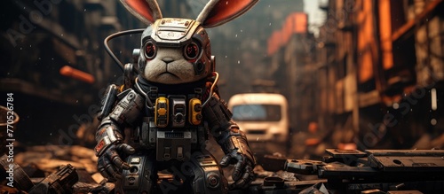 Robotic Rabbit:A Fusion of Cartoon and Machine in a Gritty Urban Scene photo