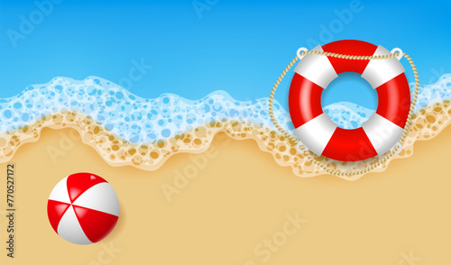 Sandy beach, top view. Coastline, surf, lifebuoy and beach ball. Vector illustration