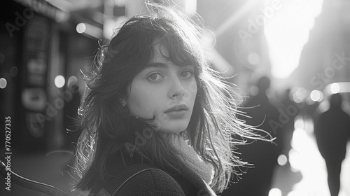 Golden light, Parisian past: A candid shot in black and white transports us to 1970s Paris. A young woman, bathed in the gentle light of the golden hour, embodies the city's timeless charm