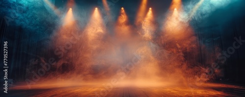 Empty stage with spotlights and smoke banner background with copy space, Generative AI