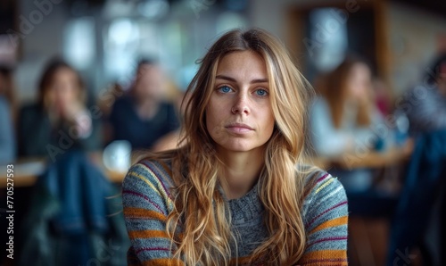 Sad depressed woman at support group meeting for mental health and addiction issues in anonymous community space with many people around, Generative AI