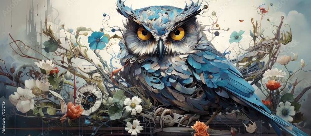 Majestic Cybernetic Owl Blending with Surreal Botanical Dreamscape