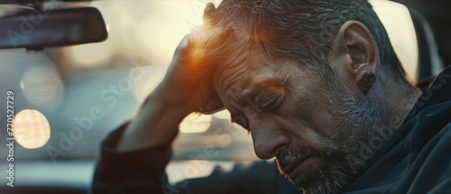 A contemplative man in a car, lost in thought as dusk's light bathes his face.