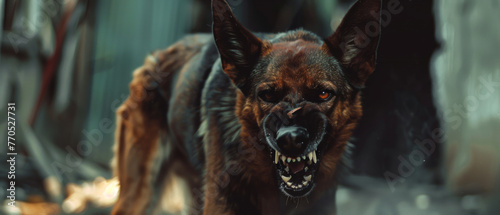 Menacing dog snarls aggressively, showcasing its fierce nature and powerful stance.