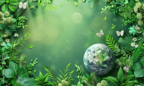 Happy Earth Day illustration background with green plants and round earth in the middle to celebrate April 22 world earth day, Generative AI photo