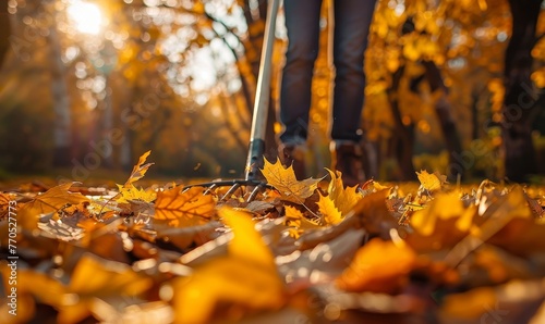 Person rake leaves in autumn, Generative AI photo