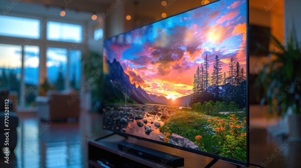 A modern flat screen TV positioned on top of a table in a home cinema setting.