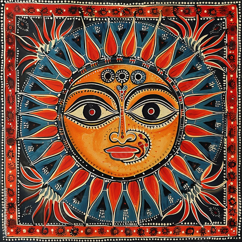 Traditional Madhubani style painting of the face of a god surrounded by sunburst rays.