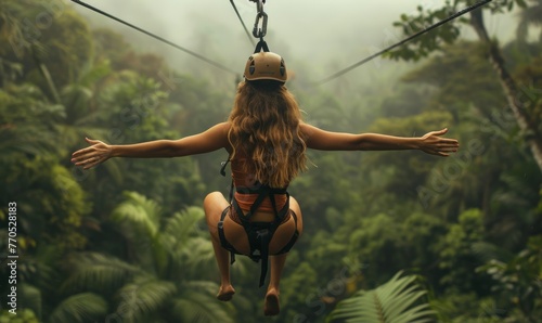 Young woman engaged in a thrilling ziplining adventure through a dense rainforest canopy. She soars above the treetops, her laughter and excitement echoing through the jungle, Generative AI photo