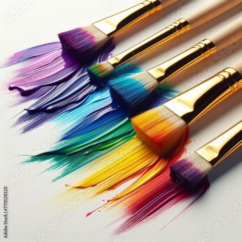 A dynamic array of paintbrushes leaving bold streaks of vibrant colors, creating an impression of movement on the white canvas AI generation photo