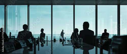 Silhouettes of professionals during a meeting in a sleek modern office.