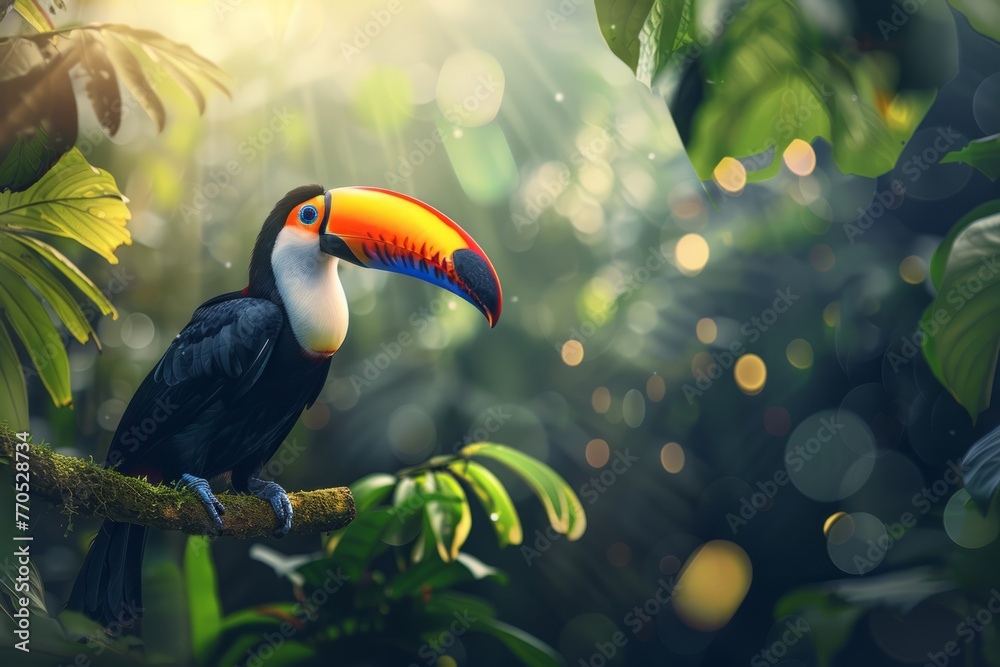 Naklejka premium A beautiful toucan bird with its colorful beak perched