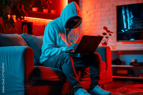 Fashionable anonymous hacker typing computer laptop. Cybercrime, cyberattack, dark web concept.