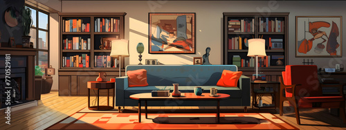 Living room interior with orange sofa and armchair. 3D rendering