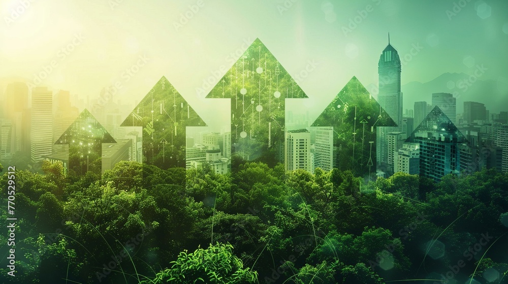 Eco-friendly urban growth report cover, green arrows over city - obrazy, fototapety, plakaty 