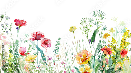 A watercolor illustration of wildflowers on a white background, with colorful petals and green leaves. The flowers include tulips, daisies, poppies, and cosmos, as well as grasses and herbs.  © Ron