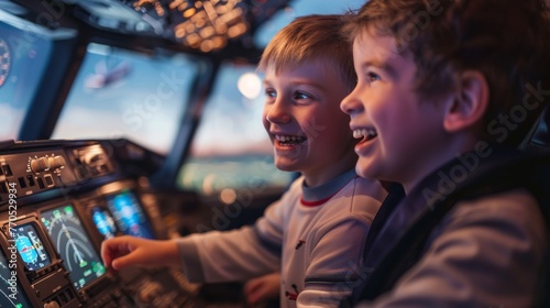 Little child pilot in airplane cockpit. flight simulator, entertainment for kids