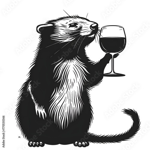 Cheers with Paws: Monochrome Cartoon Pets Toasting with Wine Glasses photo