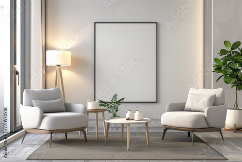 Modern living room interior with blank frame for art mockup.