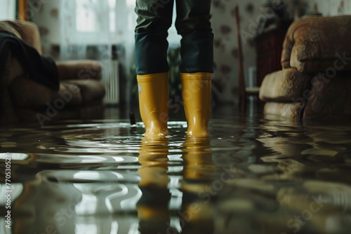 A person standing in a flooded house in a living room
