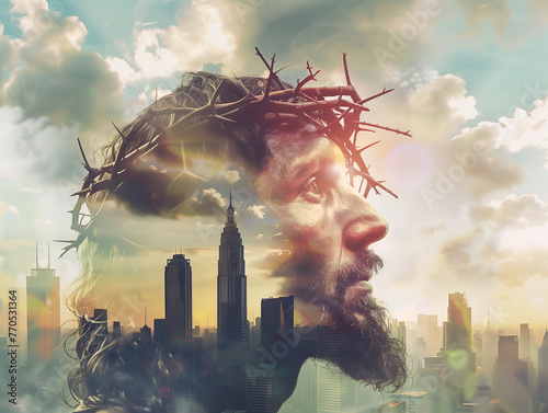 Double exposure image of Jesus Christ in the crown of thorns and skyscrapers