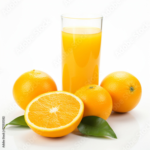 Orange juice and oranges on a white background.