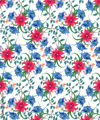 seamless floral pattern with pink, blue flowers an green leaves 
