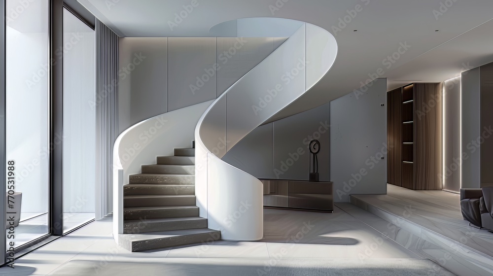 Fototapeta premium With its sleek design and graceful curves, the staircase in the modern home seamlessly blends form and function, enhancing the overall aesthetic appeal of the space