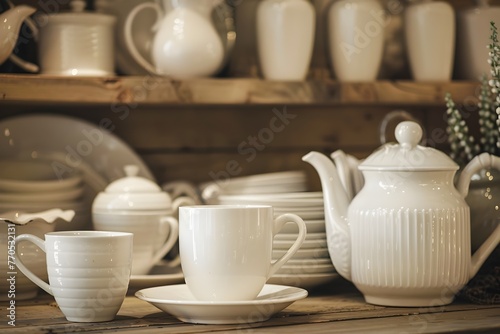 Charming Vintage Tableware Collection Adorning a Rustic Wooden Shelf in a Cozy Farmhouse Kitchen