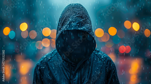 Man in raincoat and hoodie looking at night cityscape, concept hacker and cybercrime on the internet