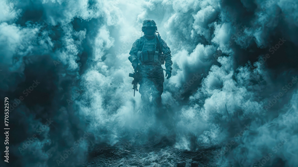 Silhouette of a group of soldiers on a background of red and blue smoke Silhouette of a group of soldiers on a background of red and blue smoke