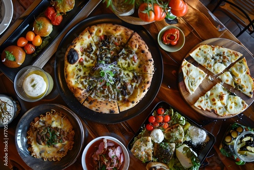 Delectable Italian Pizza Feast on Rustic Wooden Table with Fresh Ingredients and Garnishes