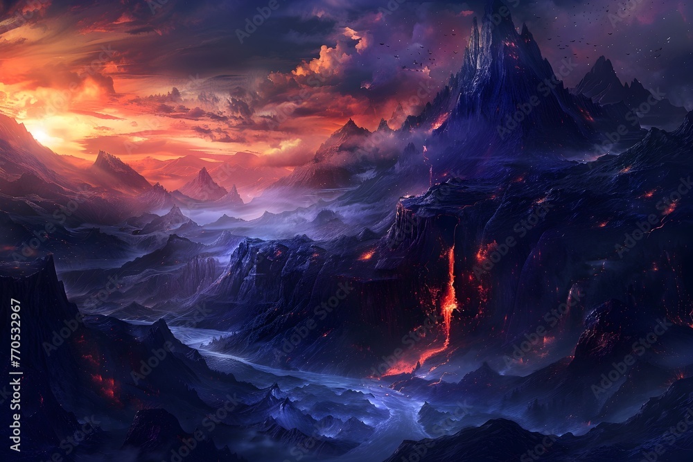 Dramatic Volcanic Landscape with Fiery Eruption and Stormy Skies in Fantastical Wilderness - obrazy, fototapety, plakaty 