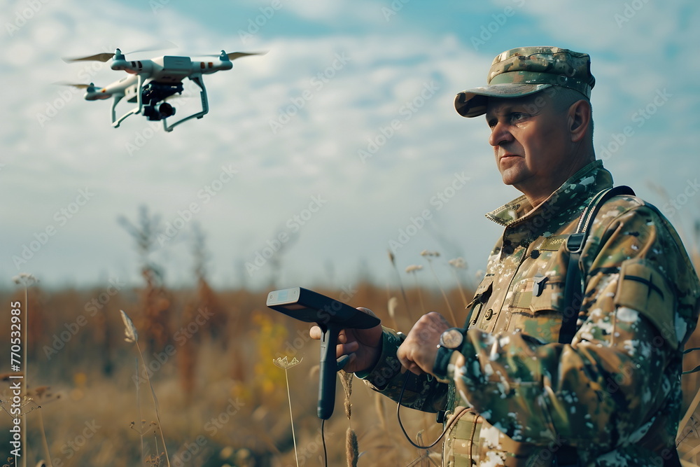 A soldier flying a drone to spy on enemy outdoors A soldier flying a drone to spy on enemy outdoors